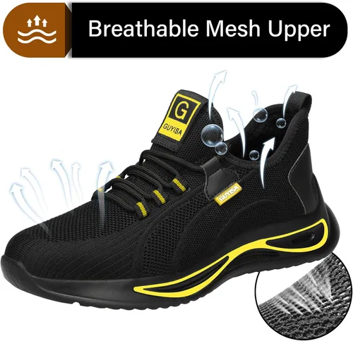 Vista 4 de GLANOUDUN Zapatos con punta de acero para hombre, zapatos de trabajo para hombres, zapatos de seguridad ligeros y cómodos, puntera de acero, zapatos