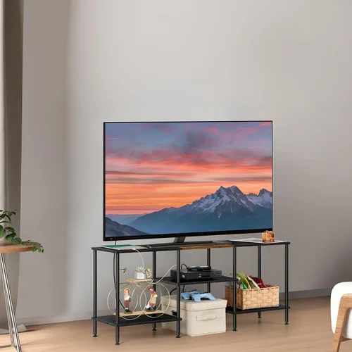 Vista 4 de OYEAL Soporte de TV Negro para Dormitorio con Tomas de Corriente para TV de hasta 50 Pulgadas, Pequeño Centro de Entretenimiento con Almacenamiento