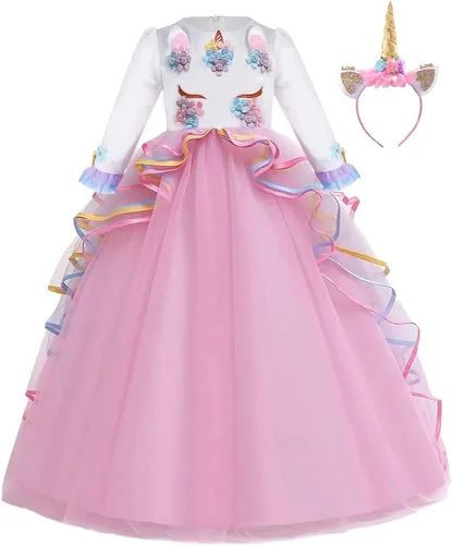 Vista 3 de WOCINL Vestido de princesa de tul para niñas, de manga larga, para cumpleaños, boda, Navidad, Halloween, con diadema