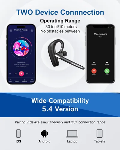 Vista 5 de [Usado] Kendir Auriculares Bluetooth V5.4, Auriculares inalámbricos Bluetooth con CVC8.0 Micrófono dual Cancelación de ruido 110 horas de tiempo