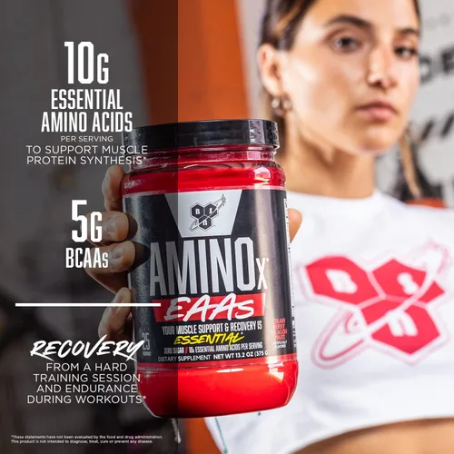 Vista 3 de BSN Amino X EAAs, Recuperación Muscular y Resistencia, 10g de Aminoácidos Esenciales, 5g de BCAAs, Sin Azúcar, Libre de Cafeína, Jugo de Selva, 0.37