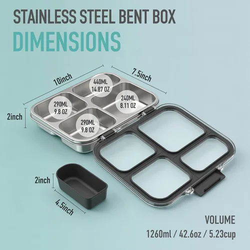 Vista 6 de Caja Bento de acero inoxidable para niños con recipiente de silicona, lonchera metálica de 4 compartimentos para niños y adultos, sello de silicona