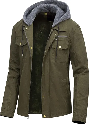 Vista 14 de Pursky Chaqueta de lona de algodón militar casual para hombre con capucha desmontable