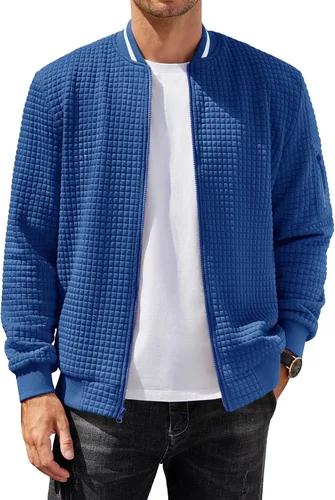 Vista 13 de COOFANDY - Chaqueta de suéter con cremallera para hombre, sudadera acanalada, bomber ligera, casual