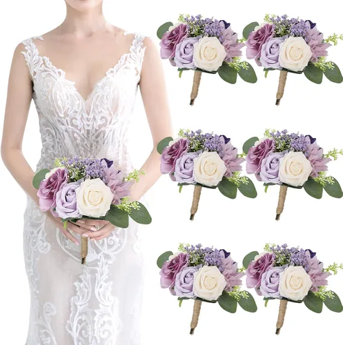 Vista 30 de Ramo de dama de honor artificial para boda, ramo de flores de seda prefabricadas de 7 pulgadas, ramo de flores pequeñas para dama de honor