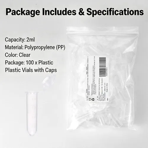 Vista 5 de Ampolletas de plástico de 2 ml, tubos de muestra, almacenamiento de líquido, frasquitos de perfume. 100 unidades Clear, Plastic Small Vials with