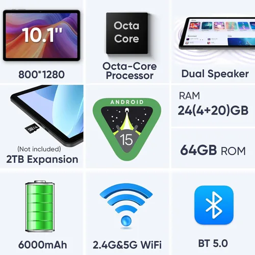 Vista 2 de EDDBNi Tablet Android 15 de 10.1 pulgadas Tablet 2025 últimas Tablets con Teclado Ratón 24GB+64GB 2TB de expansión 6000mAh procesador Octa-Core Negro
