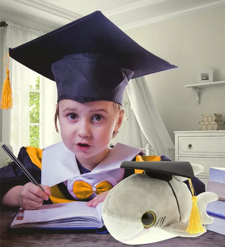 Vista 7 de DolliBu Big Eye Shark - Peluche de graduación de tiburón – Lindo juguete de peluche de regalo de graduación, peluche de tiburón de graduación