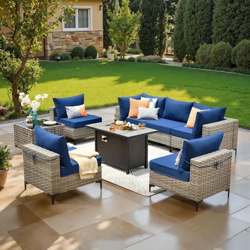 Vista 10 de ovios Muebles de patio de 8 piezas con hoguera, juego de conversación de mimbre de ratán para exteriores con mesa de centro brillante, cómodo sofá