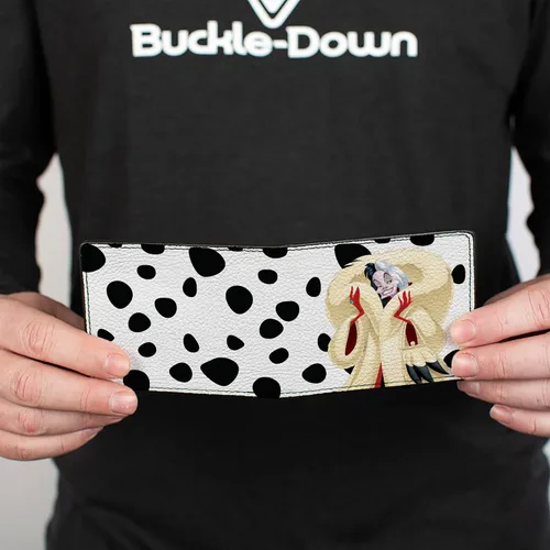 Vista 4 de Buckle-Down Billetera de Disney para hombre, plegable, de Vil crema con manchas de piel color rojo y negro, cuero vegano, 101 Dálmatas Cruella, 4.0