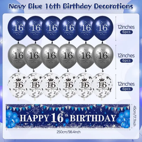 Vista 4 de Decoraciones azules de cumpleaños número 16 para niños y niñas - Pancarta feliz azul marino plateado y globos para suministros de fiesta