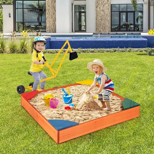 Vista 4 de HONEY JOY Caja de arena de madera para niños, pozo de arena sin fondo para exteriores con 4 asientos esquineros integrados, cajas de arena de cedro