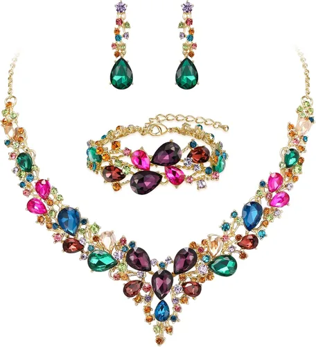 Vista 38 de BriLove - Juego de joyas de boda con cristales austriacos, collar, aretes y pulsera para mujer 01-Tono plateado transparente