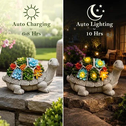 Vista 8 de Nacome Estatuas solares de jardín al aire libre tortuga con suculentas y 7 luces LED – Decoración de césped Estatua de tortuga para patio, balcón