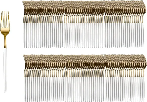 Vista 19 de Trendables Paquete de 120 tenedores de plástico resistente de dos tonos, impresionante tenedor de plástico desechable de doble color negro y dorado