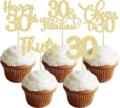 Vista 57 de Paquete de 30 adornos para cupcakes con purpurina de doble dígito para cumpleaños de 10 años, para cumpleaños, aniversario, fiesta, suministros