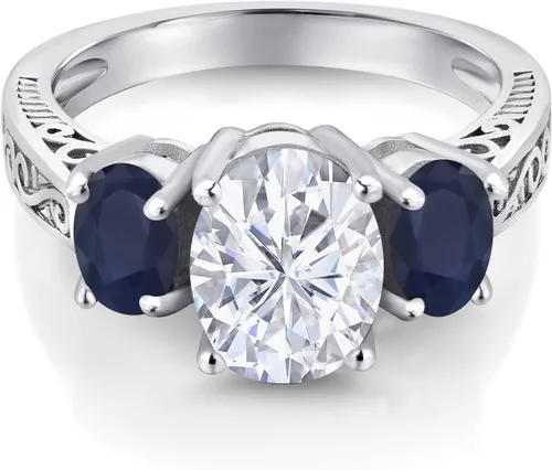Vista 3 de Gem Stone King Anillo de plata de ley 925 con moissanita blanca y zafiro azul de 3 piedras para mujer