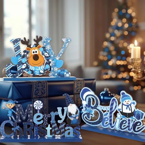 Vista 3 de Blulu 3 piezas de decoración de Navidad para centros de mesa de interior para mesas, letreros de madera de granja, centros de mesa de Navidad