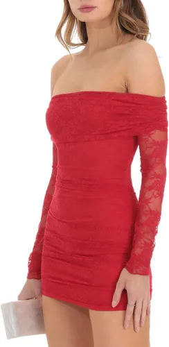 Vista 2 de Minivestido de tubo de encaje floral para mujer, Y2K, sin tirantes, ajustado, para fiesta, acampanado, con volantes, casual, vestido corto
