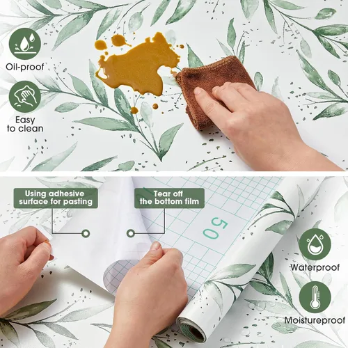 Vista 5 de Beautyhero Papel tapiz autoadhesivo para despegar y pegar de 17.7 x 590.5 pulgadas, papel de contacto floral con hojas de color verde oliva, papel