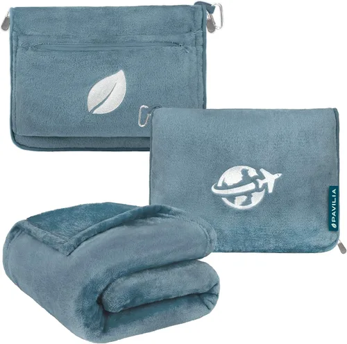 Vista 10 de PAVILIA Manta de viaje y almohada, manta de avión con apertura de brazos para adultos, manta compacta de avión con agujero para el brazo, bolsa 2