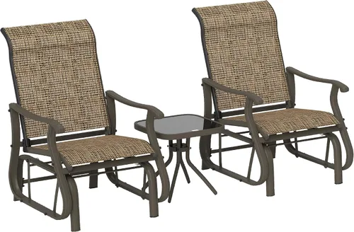 Vista 11 de Outsunny Juego de 3 planeadores para exteriores, mesa de bistró y sillas con marco de acero, mesa superior de vidrio templado para patio, jardín
