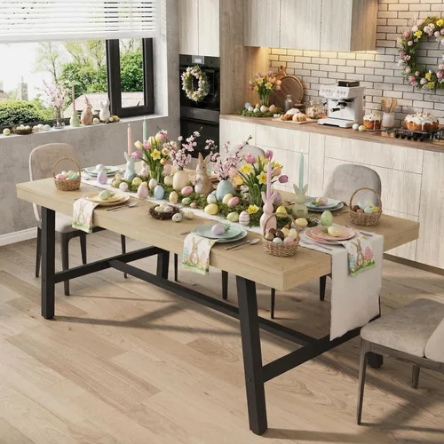 Vista 2 de IDEALHOUSE Mesa de comedor rústica para 6-8 personas, mesa de cocina rectangular de 70 pulgadas de largo, mesas de cocina de madera industrial