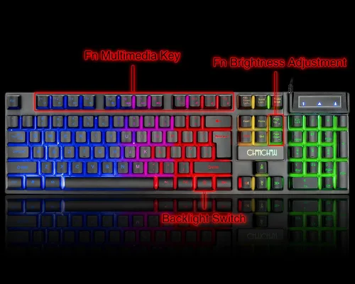 Vista 3 de Combo de teclado y mouse para juegos con cable LED con teclado de personajes emisores 4800DPI 2 botones laterales USB Mouse Rainbow Retroiluminado