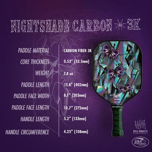 Vista 3 de Wild Monkeys Nightshade Carbon 3K - Paleta de pickleball ligera de fibra de carbono (7.8 onzas), núcleo de panal de abeja de 0.55 pulgadas, agarre