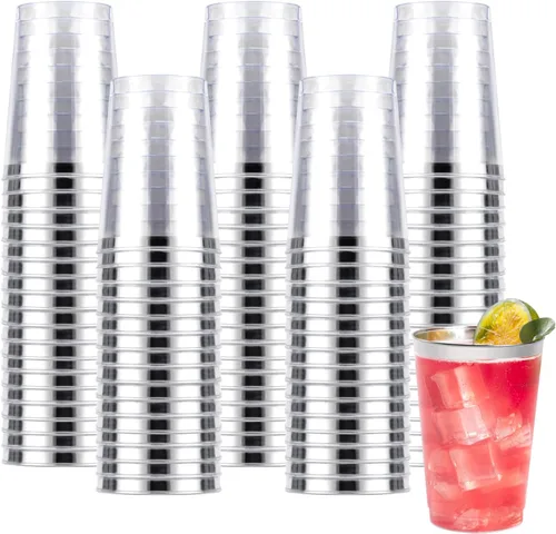 Vista 10 de Goodluck 50 piezas de vasos de plástico de 10 onzas para fiesta, vasos desechables plateados, vasos de cóctel de plástico para boda, Acción de Plata