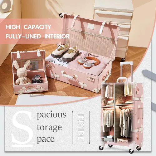 Vista 4 de Unitravel Juego de equipaje vintage de 3 piezas para mujer con cerradura TSA, Rosa en relieve.