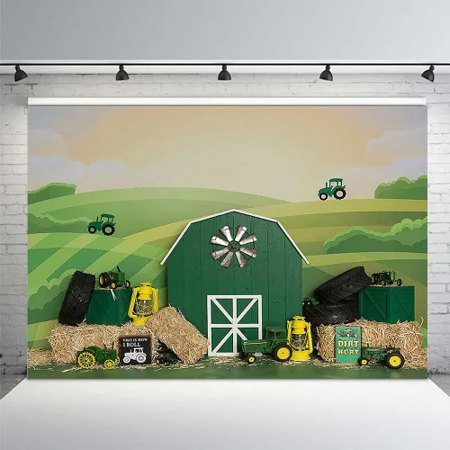 Vista 7 de MEHOFOND Telón de fondo de fiesta de cumpleaños de tractor para niño y niña, feliz primer cumpleaños, retrato de granja verde, fotografía de fondo