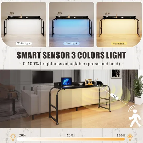 Vista 3 de HWB Mesa sobre cama con luces LED de sensor automático, mesa sobre cama con ruedas de altura ajustable con estación de carga, mesa auxiliar, mesa