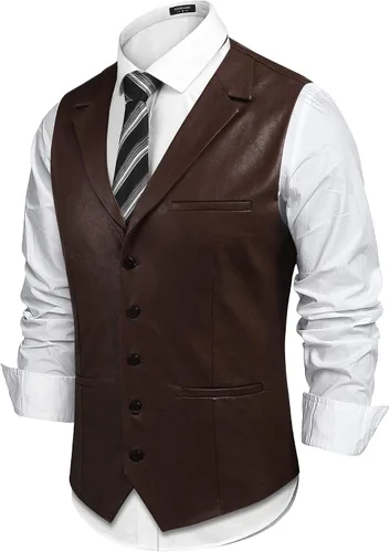 Vista 2 de COOFANDY Chaleco de cuero para hombre estilo casual estilo occidental ligero con cuello en V chaleco