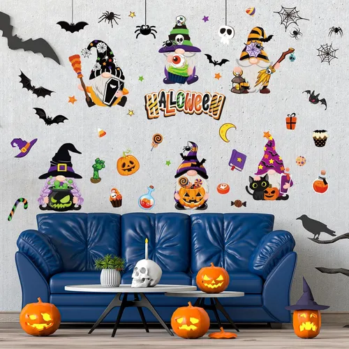 Vista 4 de Whaline Decoración de pared de gnomo de Halloween, gnomo, murciélago, araña, calabaza, calcomanías de pared, lindas calcomanías de arte extraíbles