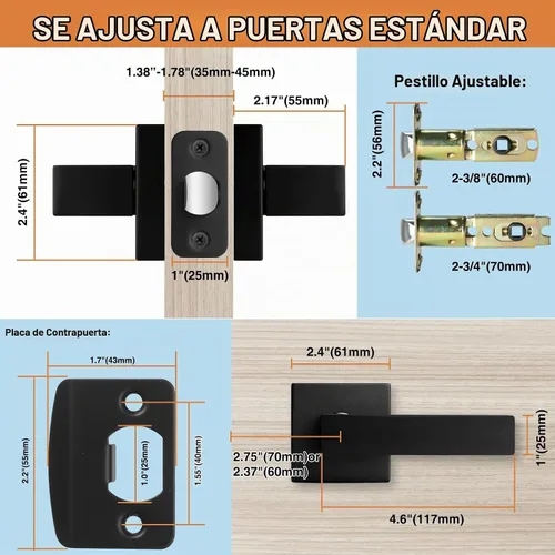 Vista 6 de AEEKEL - Juego de 2 manijas de puerta interior, color negro mate, cuadradas, sin bloqueo, para pasillo o armario, manijas de puerta resistentes sin