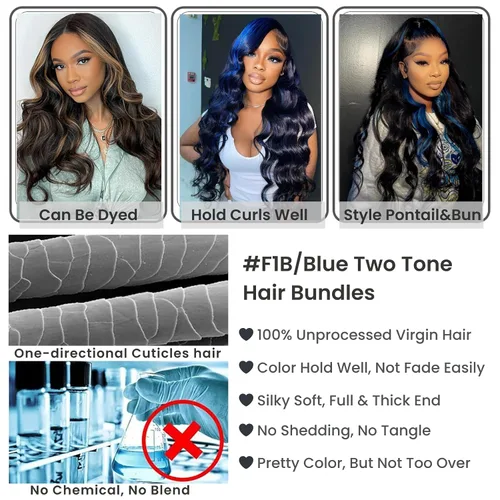 Vista 7 de 3 paquetes de cabello humano ondulado con reflejos azules, mezcla negra, 22, 24, 26 pulgadas