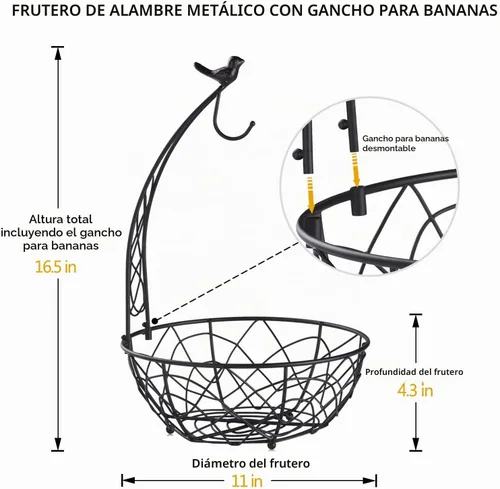 Vista 3 de Buruis Cesta de frutas de metal con soporte para plátano, diseño de pájaros Negro