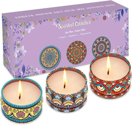 Vista 9 de Paquete de 3 velas decorativas pequeñas perfumadas, aroma fuerte de bergamota y vainilla y bayas negras de San Diego, velas de soja, no tóxicas