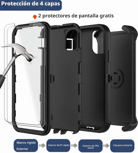 Vista 3 de Funda para iPhone 12, iPhone 12 Pro con funda de clip para cinturón, 2 protectores de pantalla, resistente grado militar, cuerpo completo, a prueba