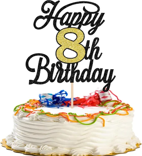 Vista 73 de Rsstarxi 1 paquete de decoración para tarta de cumpleaños 8 con purpurina negra de 8 años y fabulosos saludos a 8 años de edad, para celebrar el 8º