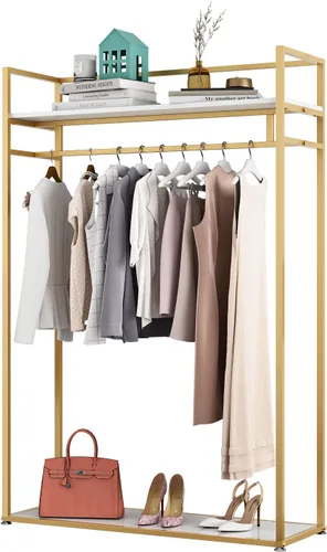 Vista 14 de Perchero de metal dorado con estante de madera, perchero resistente con ruedas para dormitorio, uso en boutiques minoristas (37.4 pulgadas de largo)
