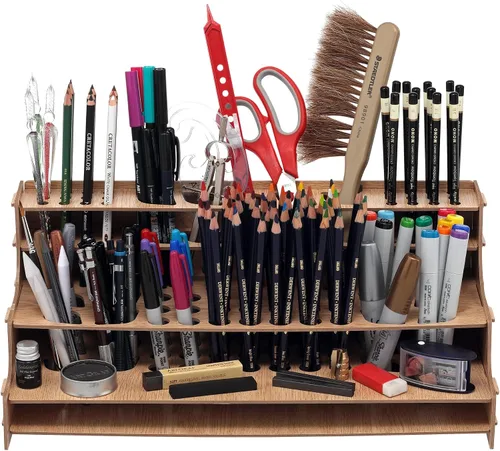 Vista 18 de Mezzo Artist Paint and Brush Rack - Soporte de Escritorio Multicapa de Laminado Veteado de Madera Organizador de Almacenamiento y Exhibición