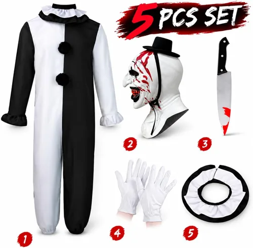 Vista 2 de 5Pcs Art Clown Costume Adults Terrifying Mask Halloween Outfit White