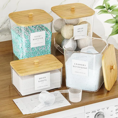 Vista 7 de Moforoco 2+1 Pack Bamboo Laundry Pods Container, Clear Laundry Room Organization Containers,Large Laundry Detergent Powder Storage Containers Lids &