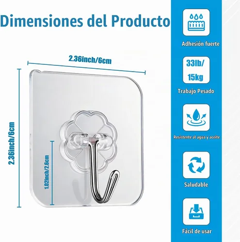 Vista 2 de Ganchos de pared de 33 libras (MÁX) autoadhesivos resistentes, 10 unidades, impermeables y a prueba de aceite, ganchos transparentes sin costuras