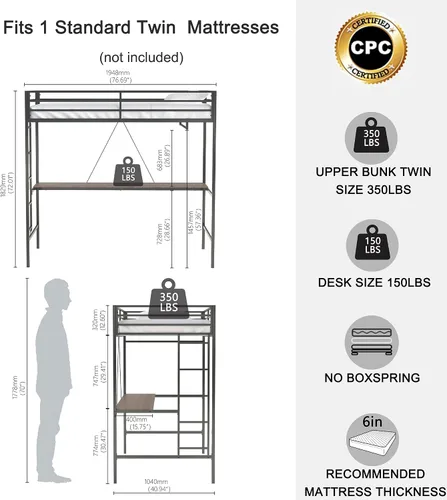 Vista 2 de Cama tipo loft de metal individual con escalera y rieles de protección de alta seguridad, cama loft moderna multifuncional para niños, adolescentes