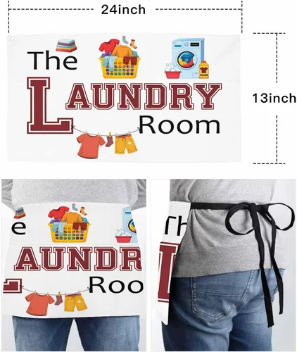 Vista 6 de DecorLovee Laundry Room Waitress Apron with 3 Pockets, Cartoon Washday Washing Machine Clothes Server Aprons