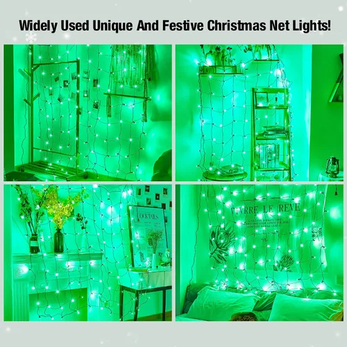 Vista 2 de Red de luces LED verdes de Navidad para exteriores, 120 LED de 6 x 5 pies, tira de luces de malla conectables para exteriores e interiores