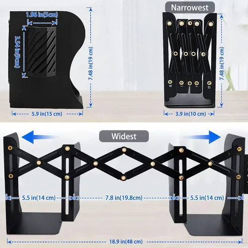 Vista 6 de Extremos de libros resistentes para sostener libros con soporte para bolígrafos, sujetalibros ajustables, extremos de metal para estantes, soportes